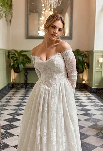 Bride wearing off-shoulder lace a-line gown with long sleeves and sweetheart neckline, Essense of Australia D4466