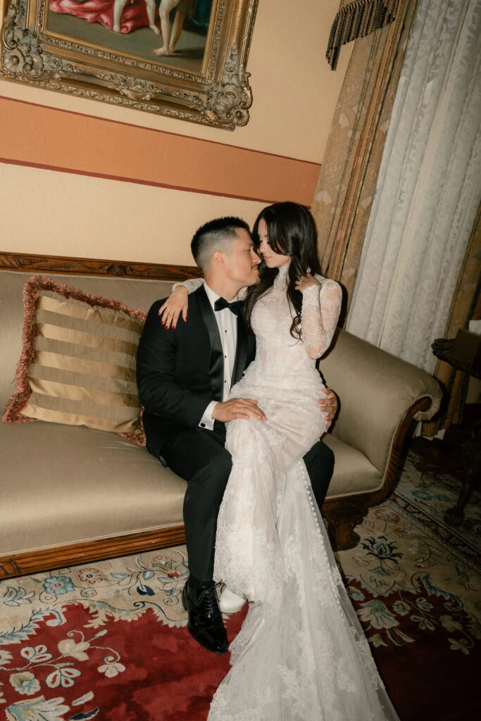 Real bride embracing her husband