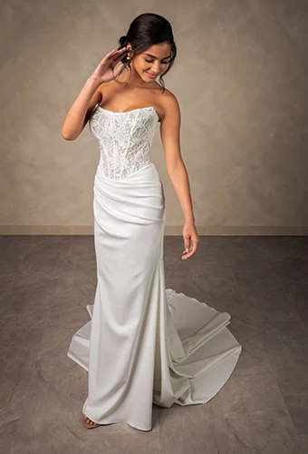 Bride wearing strapless column wedding dress with lace bodice, Essense of Australia D4622