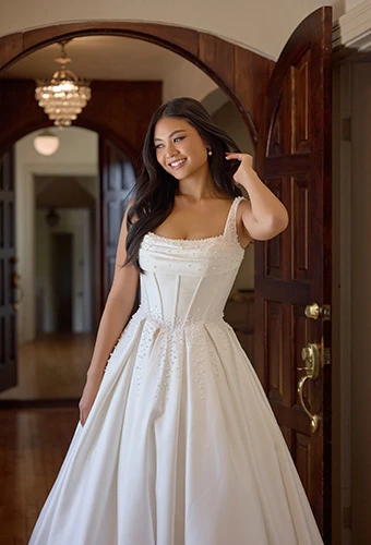 Bride wearing A-line wedding dress with corset and cascading pearl detailing, Essense of Australia D4418