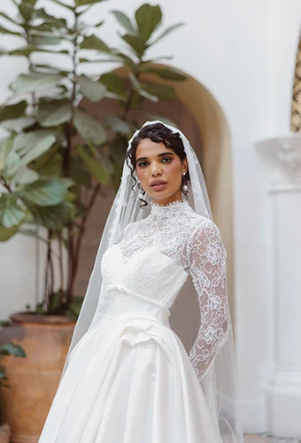 Bride wearing Mikado ballgown with lace long sleeves and high neckline, Essense of Australia d4566