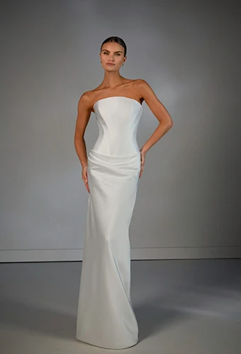 Bride wearing minimalist luxury silk wedding gown with internal corset, Martina Liana Luxe LE1460