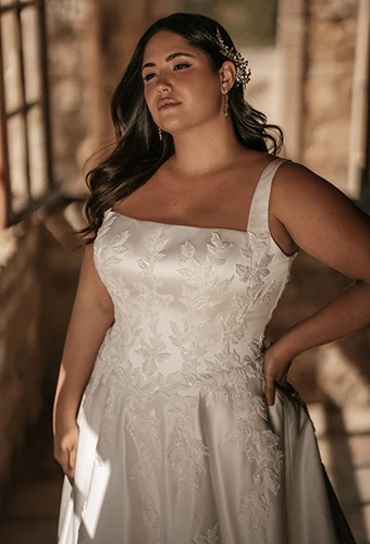 Plus size bride wearing silk A-line gown with square neckline and thick straps, Martina Liana ML2036+
