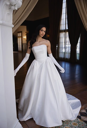 Bride wearing minimalist Mikado strapless ballgown with basque waist, Essense of Australia D4602