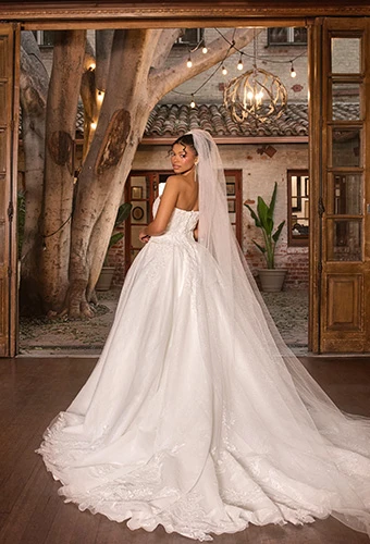 Bride wearing embellished tulle ballgown with glitter veil, Essense of Australia d4331