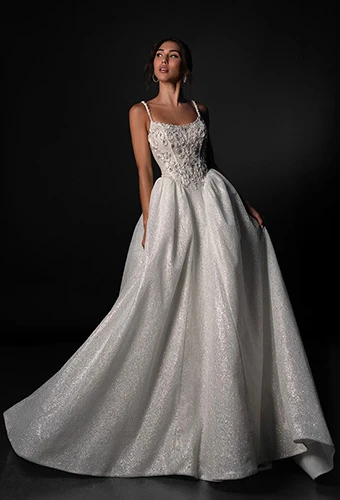 Bride wearing sparkle ballgown with defined drop waist bodice, Martina Liana ML1980