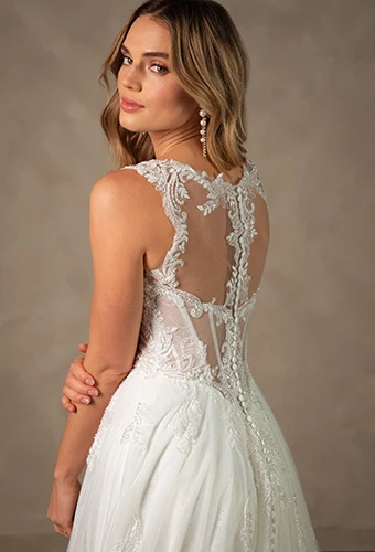 Bride wearing ballgown wedding dress with sheer and illusion lace back, Essense of Australia D4577