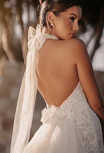 Bride wearing lace column wedding dress with tulle halter-neck tie and open back, Martina Liana ML2050