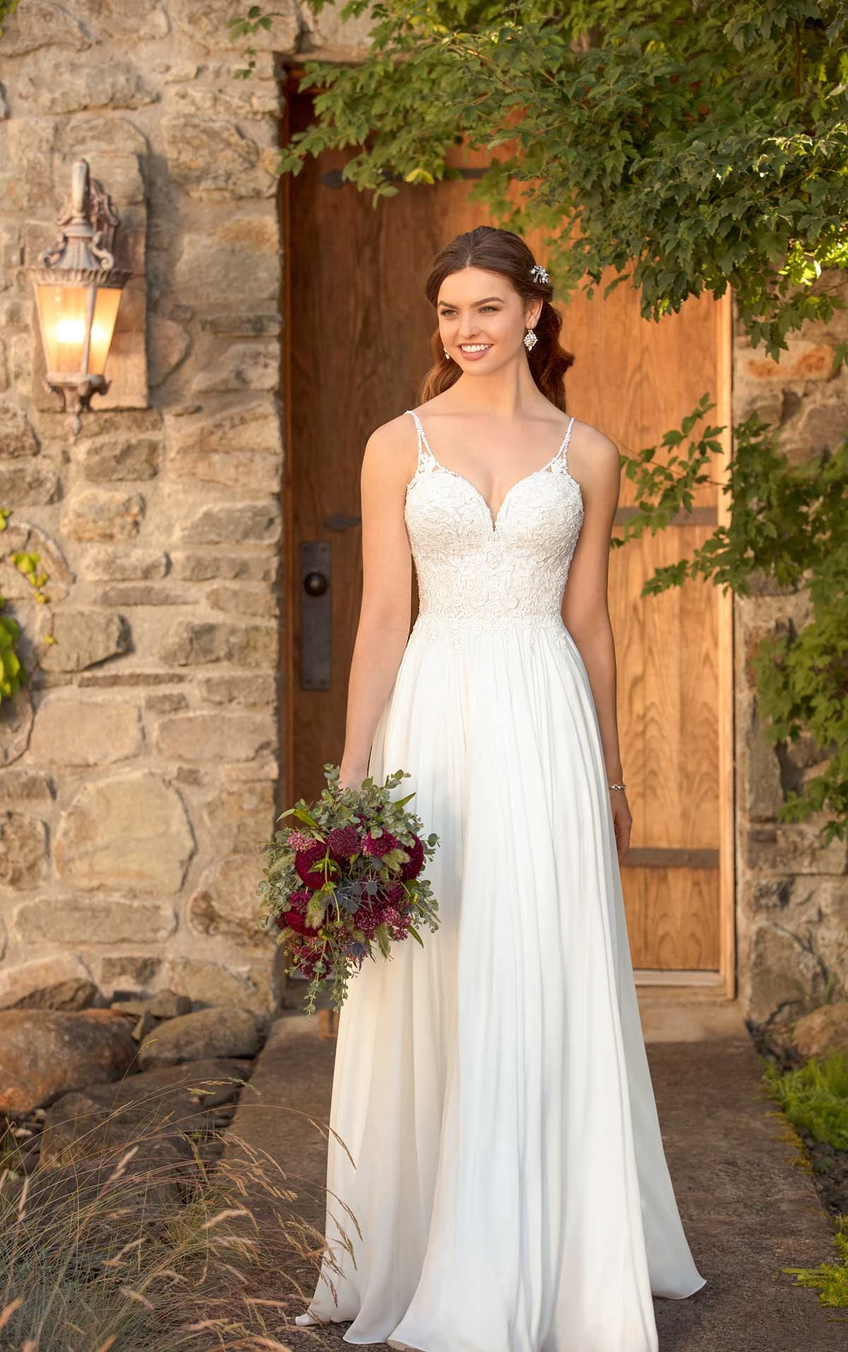 essense of australia beach wedding dress Minimalist Chic Column Sheath Wedding Dress with Plunging Neckline and  Beaded Detail