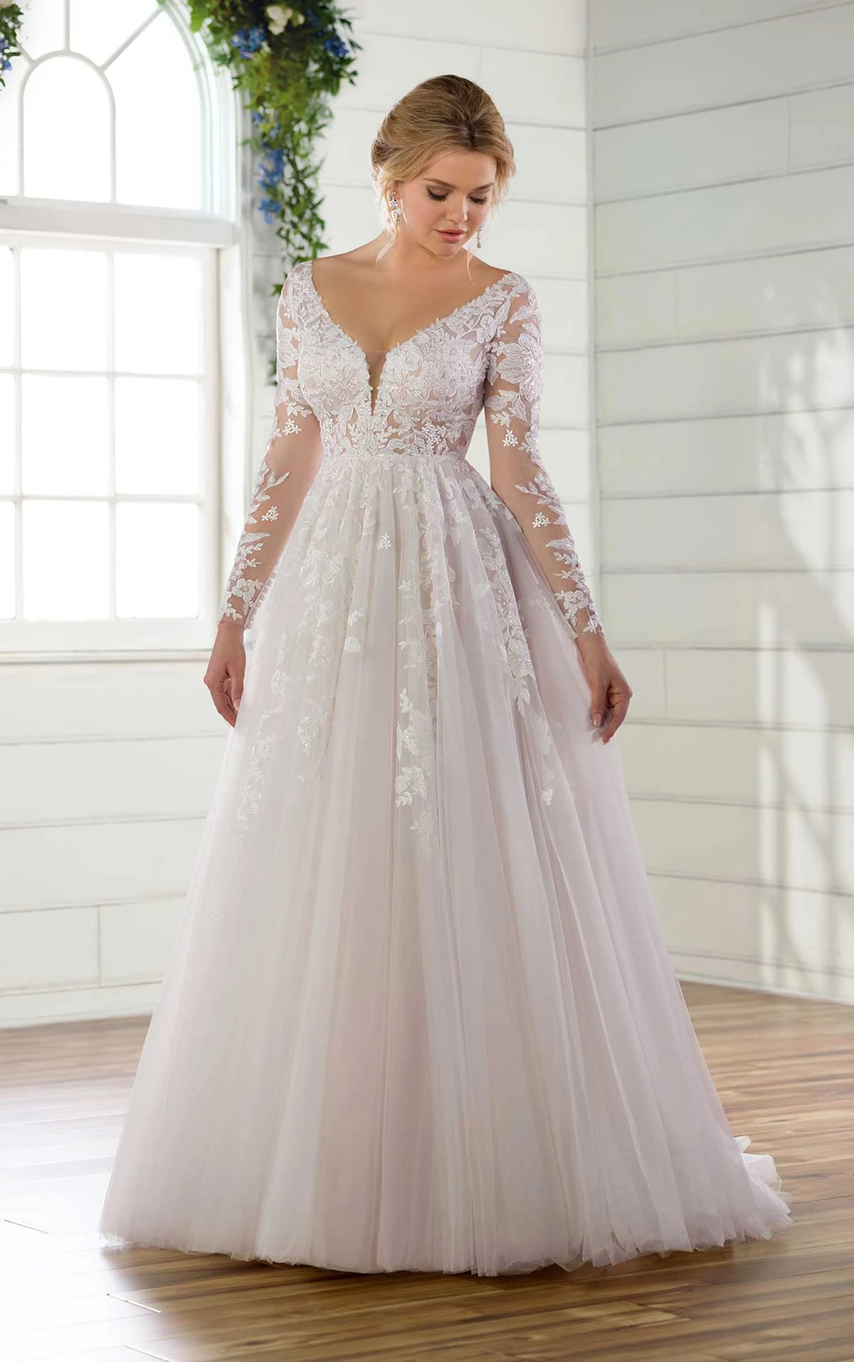 essense of australia long sleeve dress Sheer Floral Lace Wedding Dress with Long Sleeves
