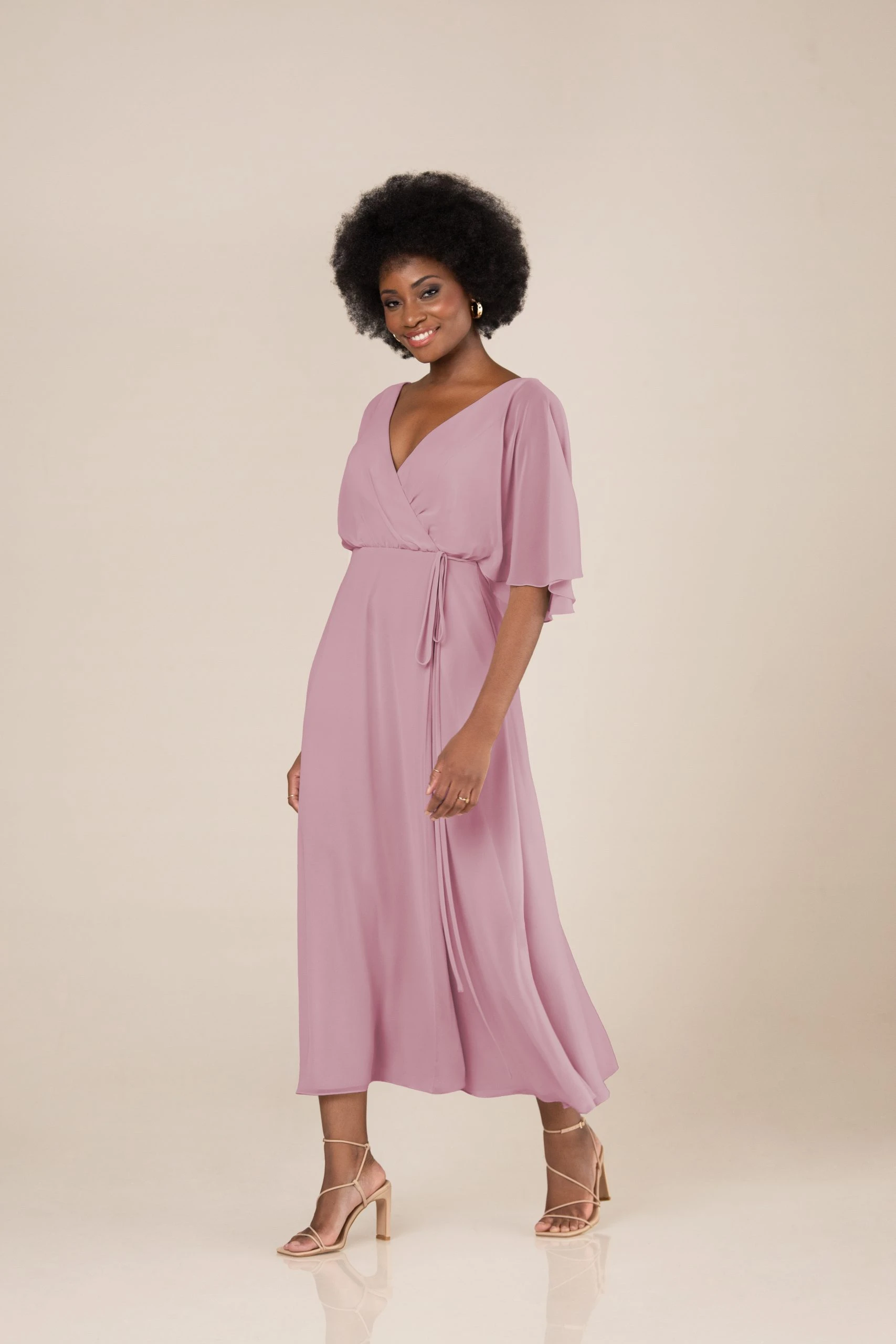 A-Line Scoop Flutter Sleeves Chiffon Tea-length Dress Cinnamon Rose main image 1