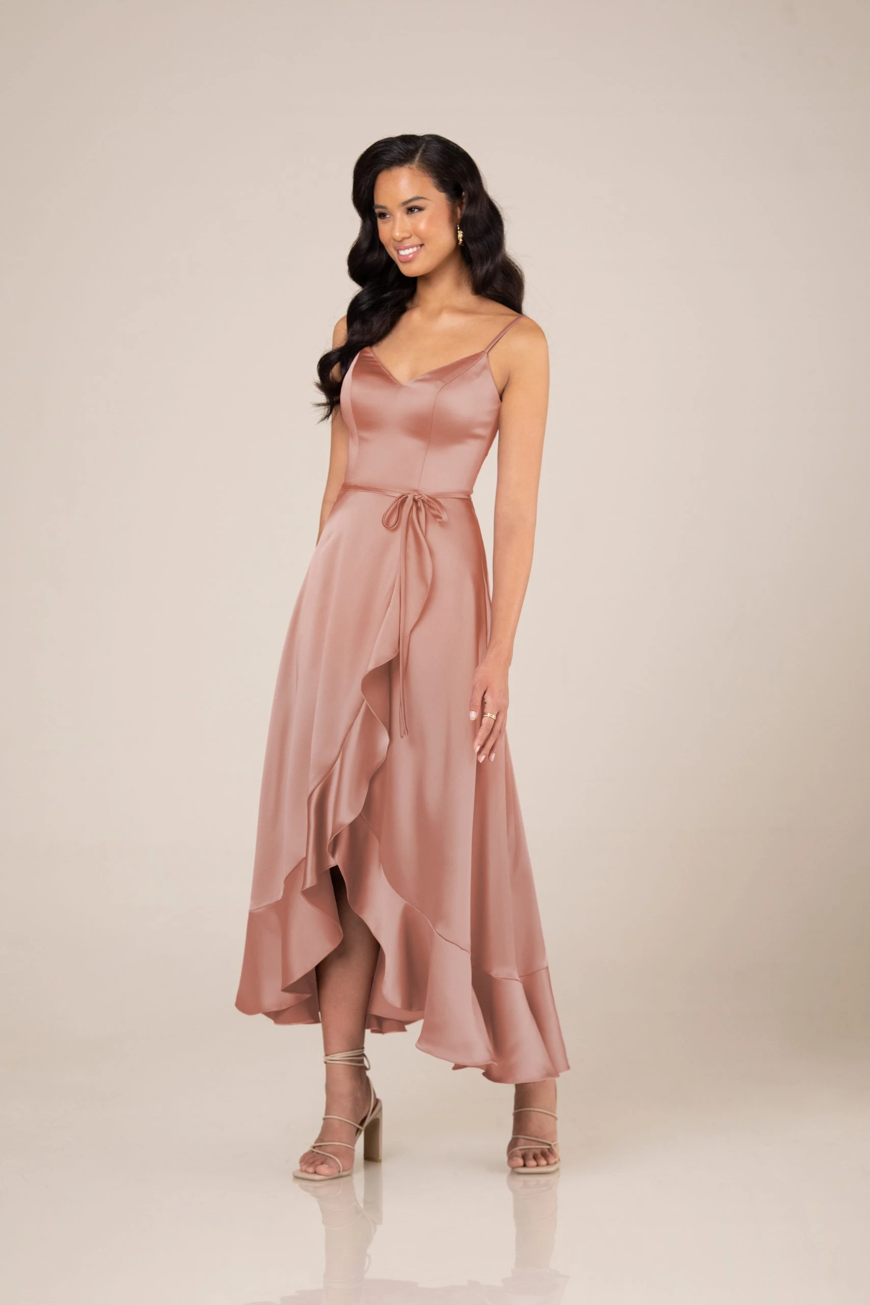Tea Length Spaghetti Strap Bridesmaid Dress With Soft V Neckline