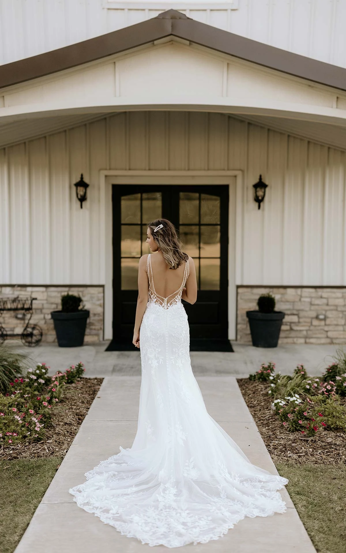 d3657 Sparkly Fit-and-Flare Lace Wedding Dress with Beaded Back Detail by Essense of Australia