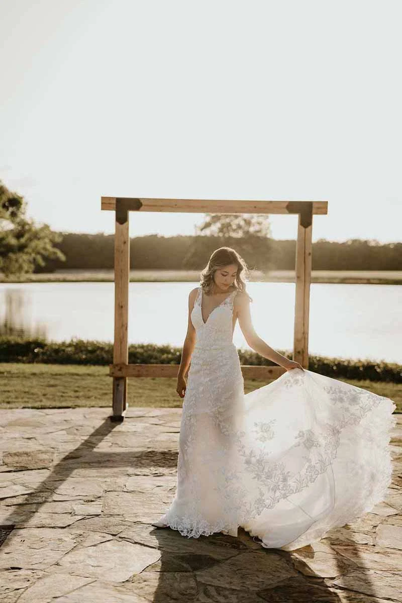 d3657 Sparkly Fit-and-Flare Lace Wedding Dress with Beaded Back Detail by Essense of Australia