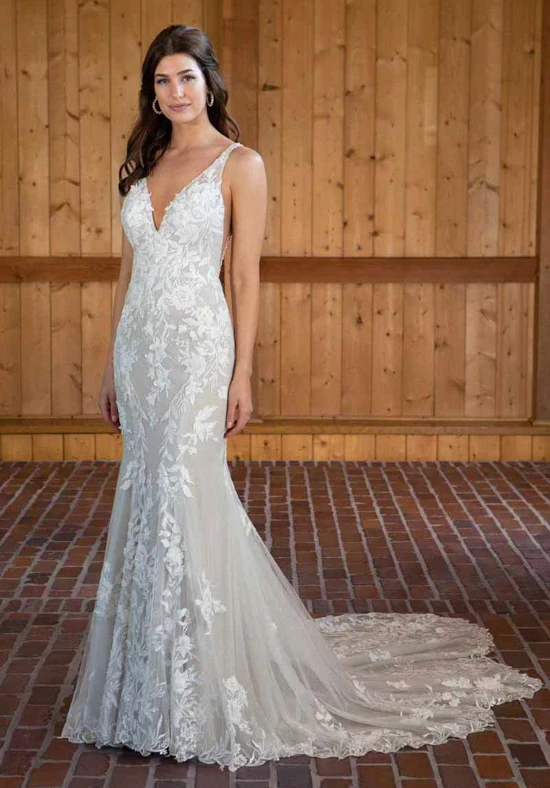 d3657 Sparkly Fit-and-Flare Lace Wedding Dress with Beaded Back Detail by Essense of Australia