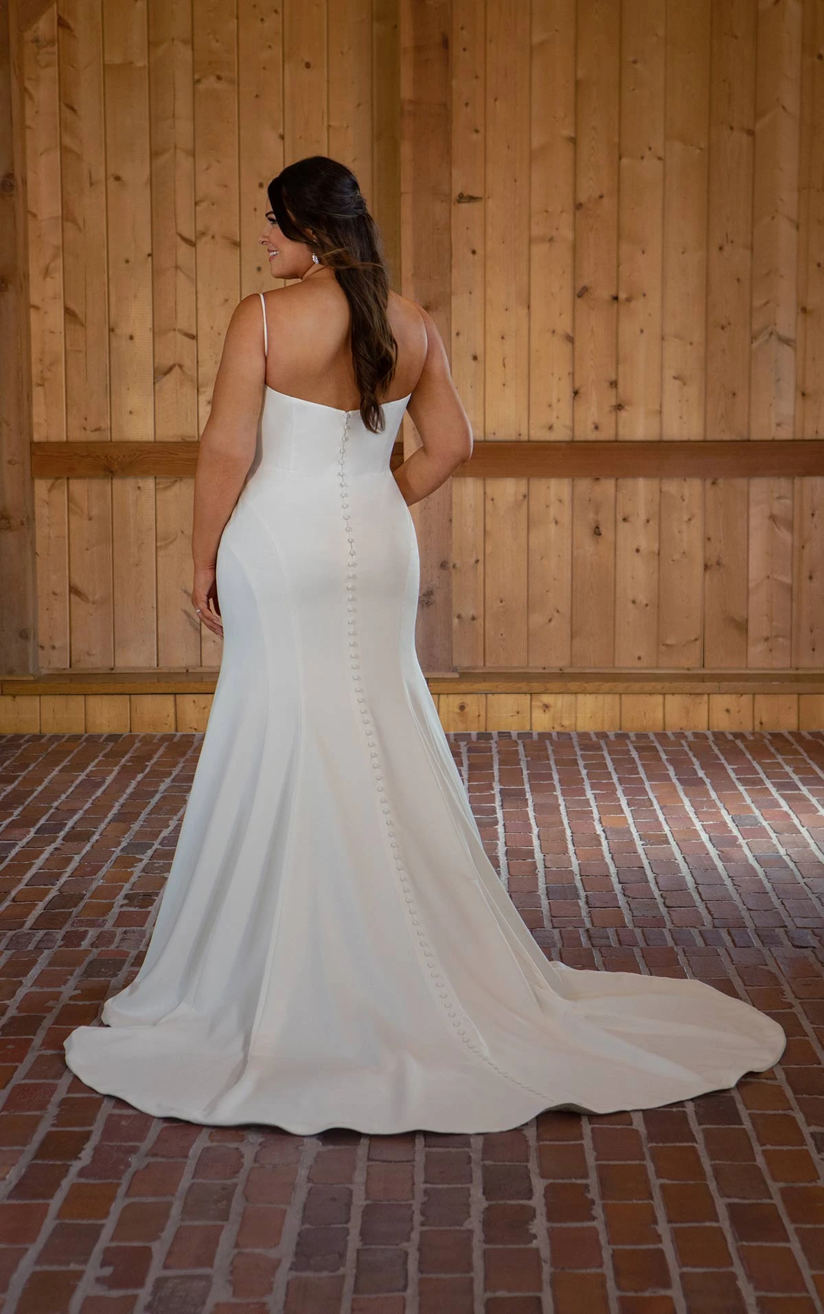 d3615+ Satin Plus Size Fit-and-Flare Wedding Dress with Spaghetti Straps by Essense of Australia