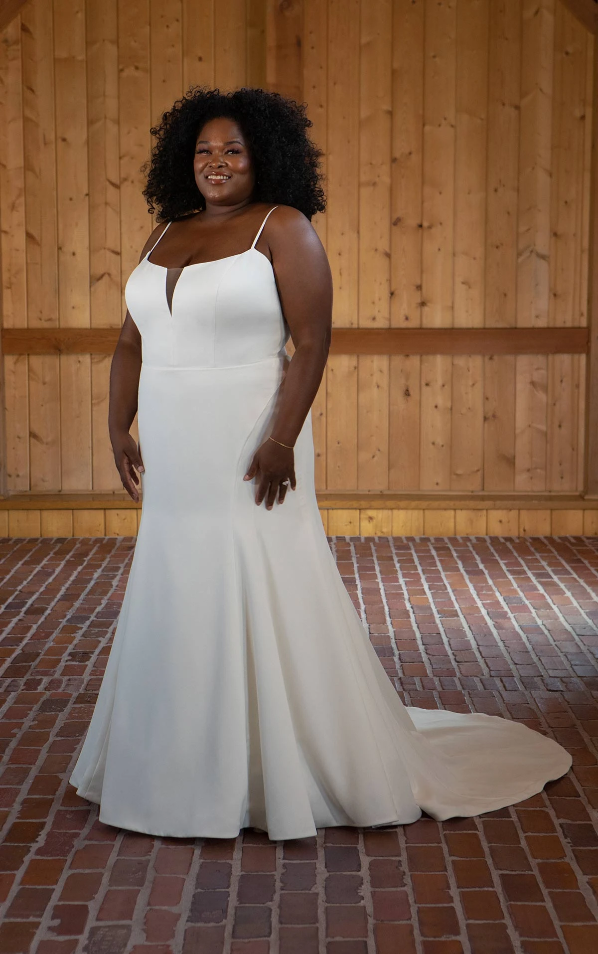 d3615+ Satin Plus Size Fit-and-Flare Wedding Dress with Spaghetti Straps by Essense of Australia