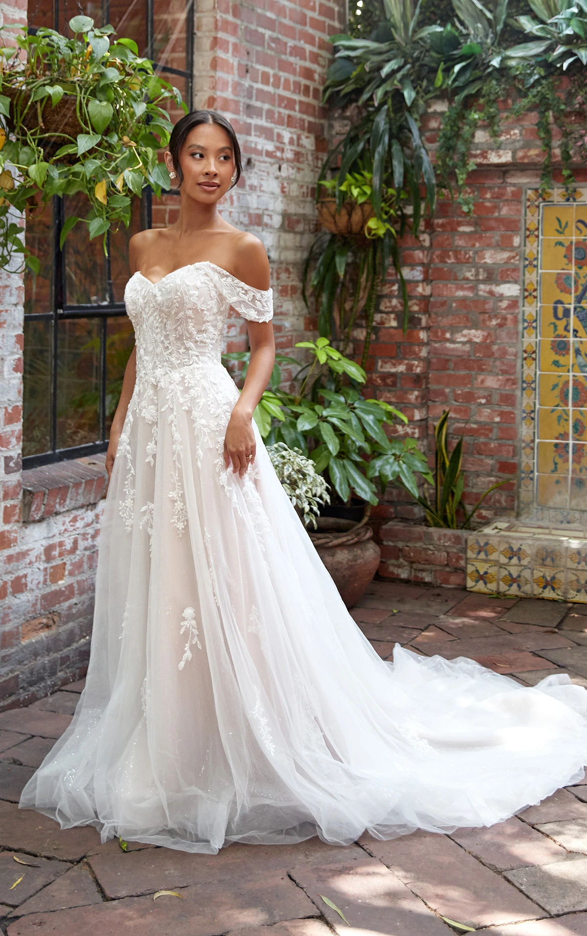 Off the Shoulder Lace Wedding Gown With Glitter Tulle Skirt Off the Shoulder Lace Wedding Gown With Glitter Tulle Skirt