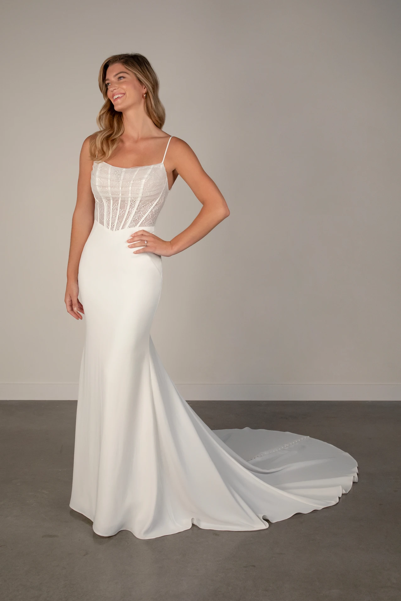 Scoop Neckline Sheath Wedding Dress in Crepe and Lace, PA1371, byOxford Street