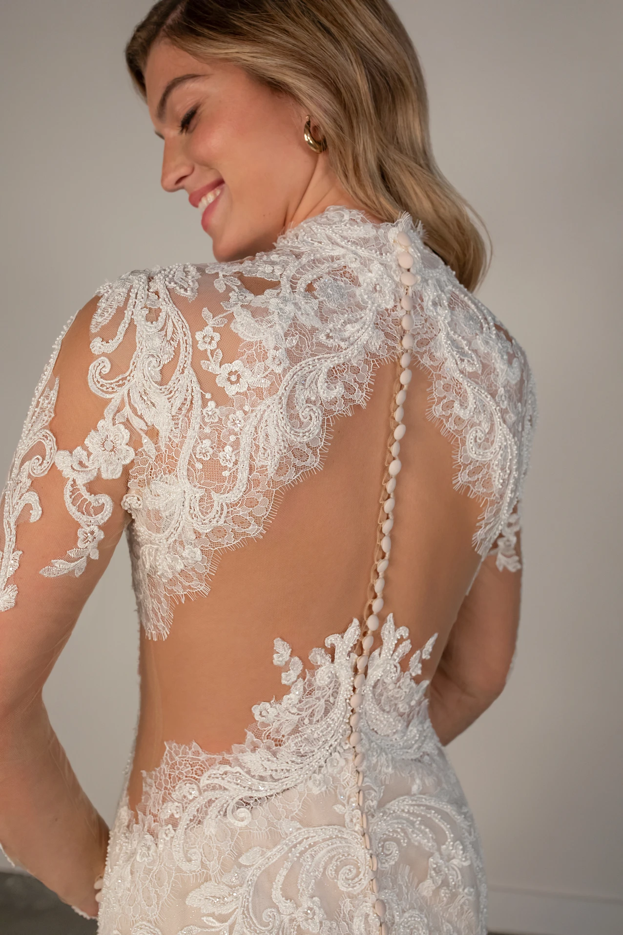 pa1381 Lace Fit-and-Flare Wedding Dress with High Neckline  by Oxford Street