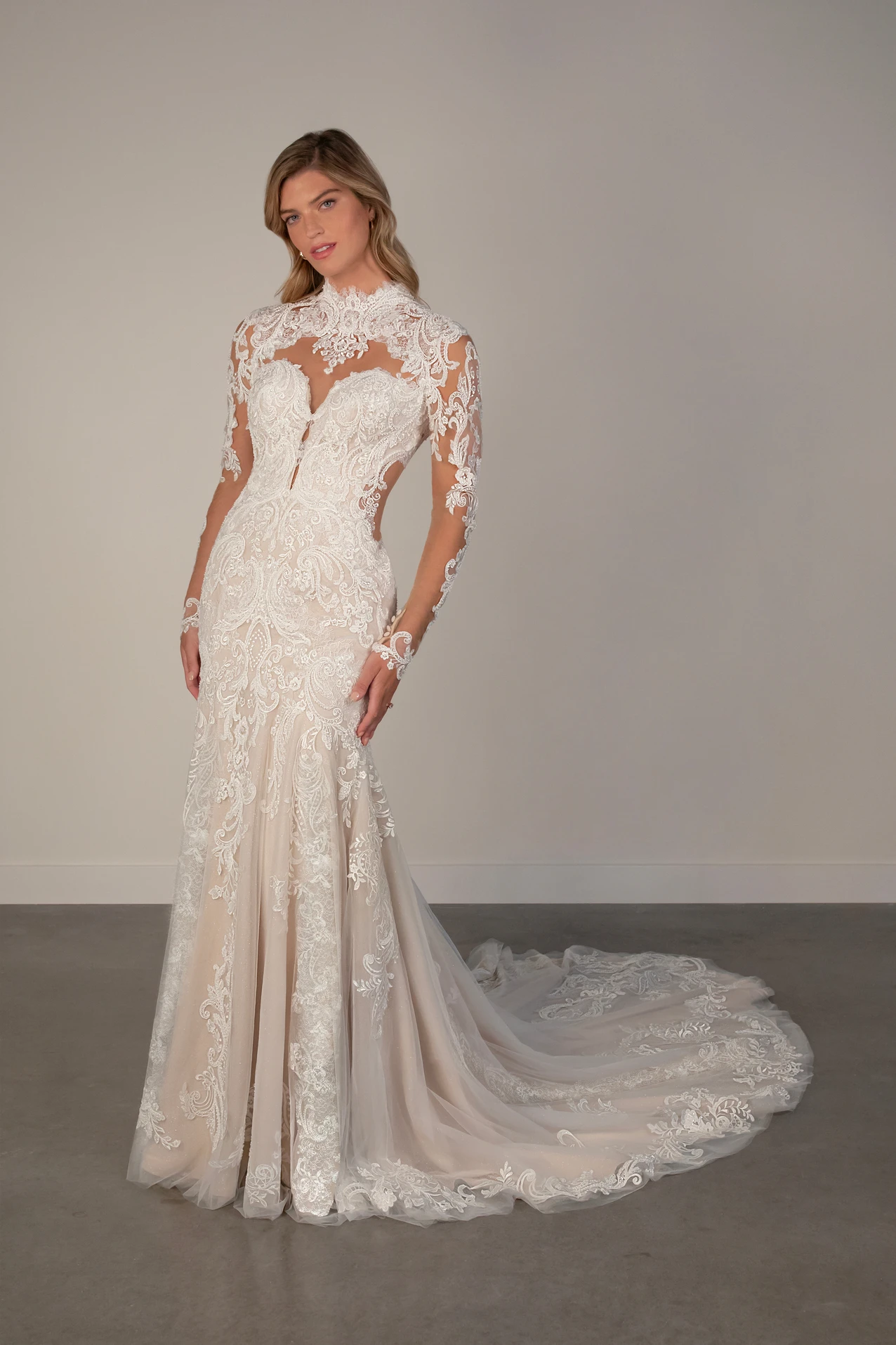 Lace Fit-and-Flare Wedding Dress with High Neckline, PA1381, byOxford Street
