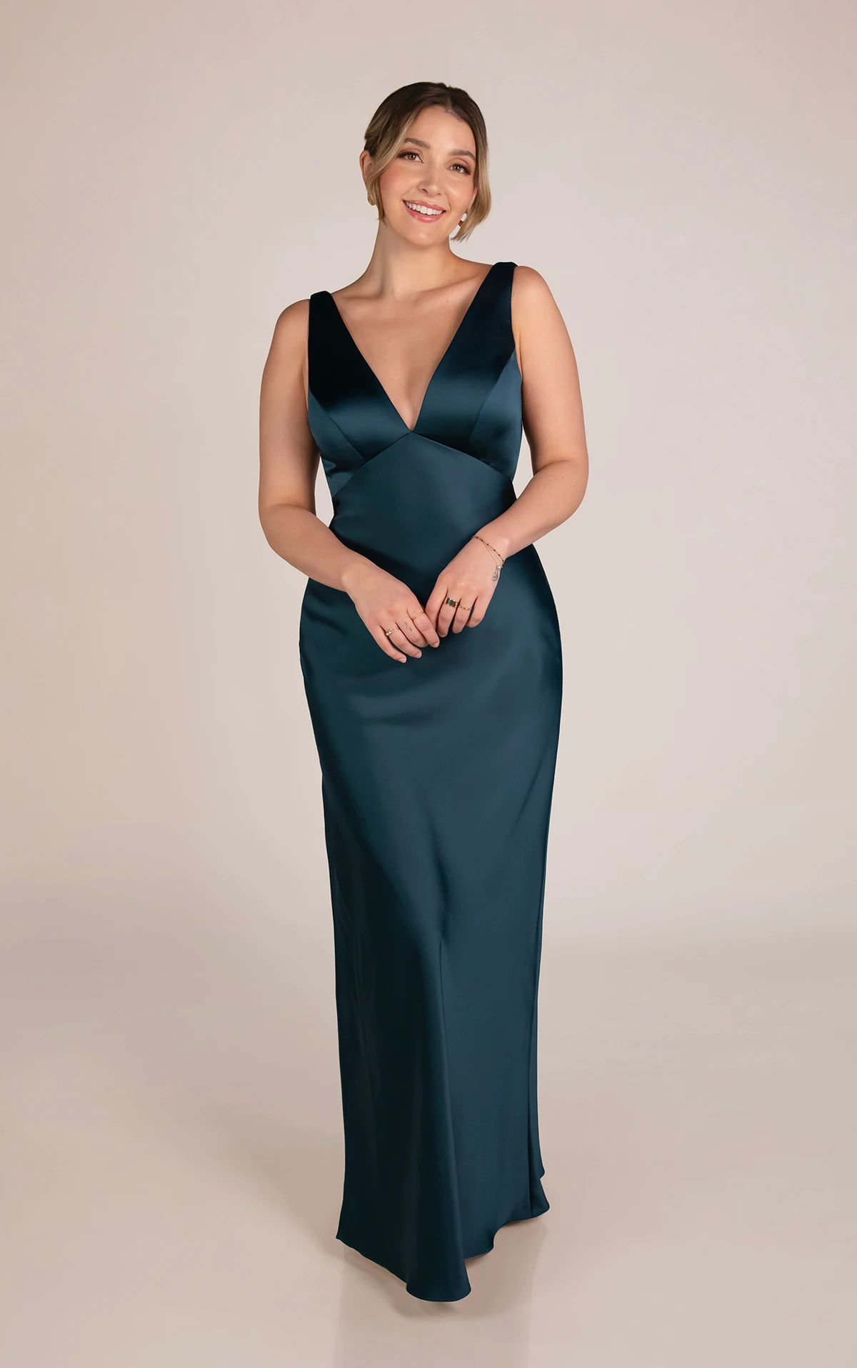 9838 Sleek Charmeuse Column Bridesmaid Dress with Deep V-Neckline and Leg Slit  by Sorella Vita