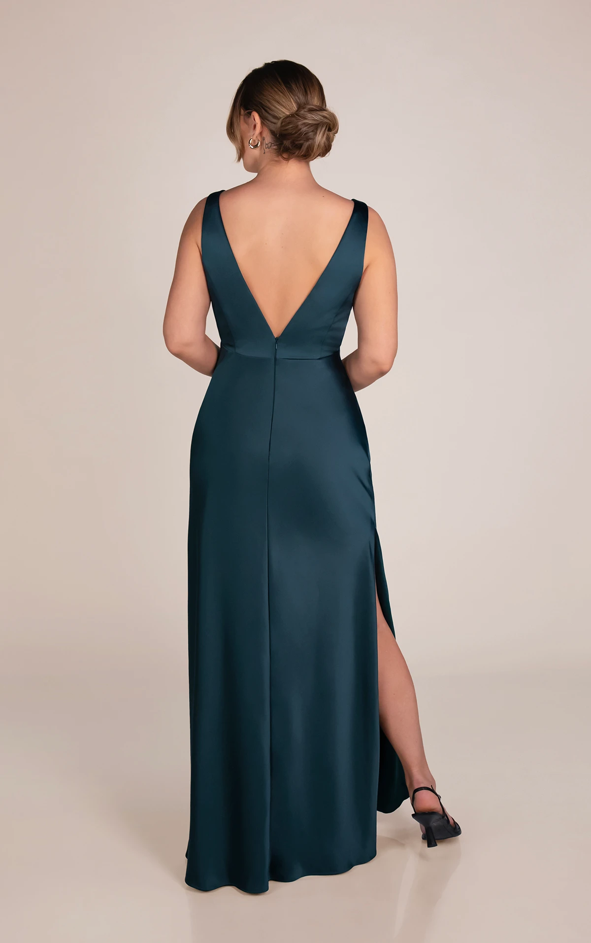 9838 Sleek Charmeuse Column Bridesmaid Dress with Deep V-Neckline and Leg Slit  by Sorella Vita
