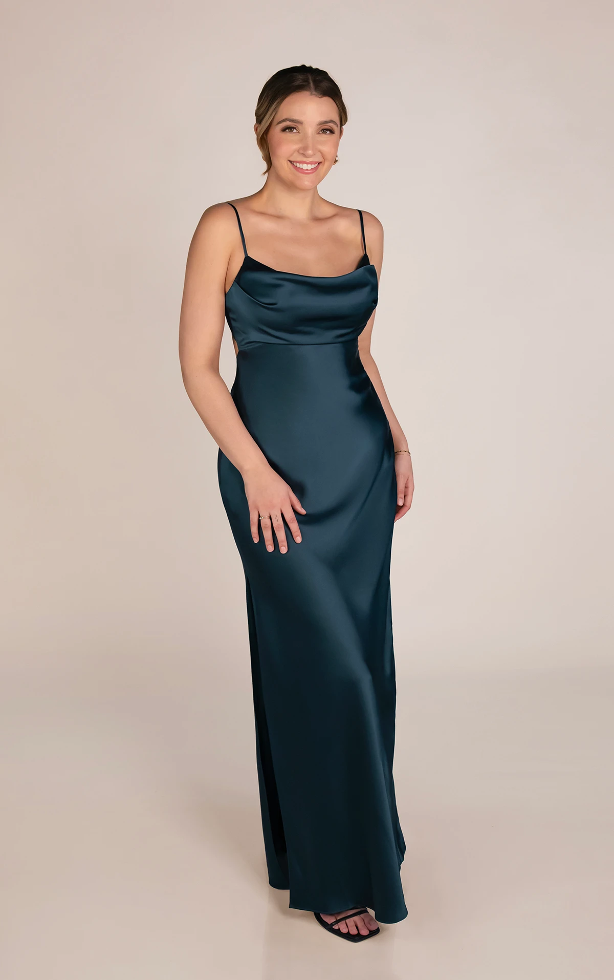 9894 Elegant Spaghetti Strap Charmeuse Column Bridesmaid Dress with Scoop Neckline by Sorella Vita