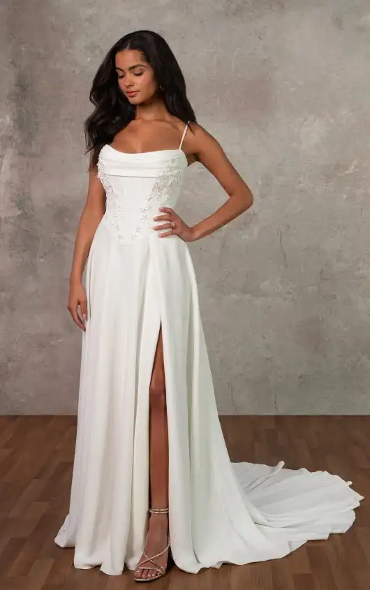 Modern A-Line Wedding Dress with Draped Neckline and High Skirt Slit, D4312, by Essense of Australia alternate image