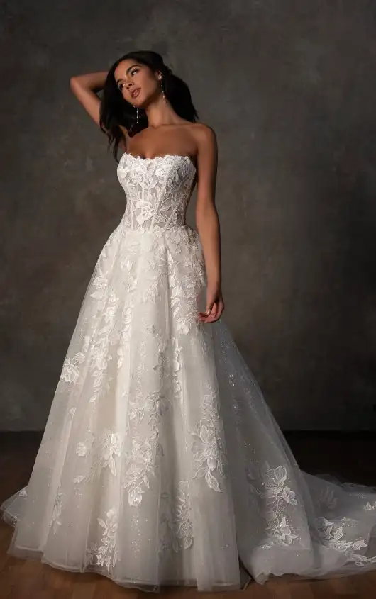 Strapless Leafy Lace Ballgown with Sweetheart Neckline, D4403, by Essense of Australia alternate image