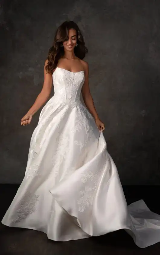 Strapless Mikado A-Line Wedding Dress with Floral Lace Appliqués, D4407, by Essense of Australia alternate image