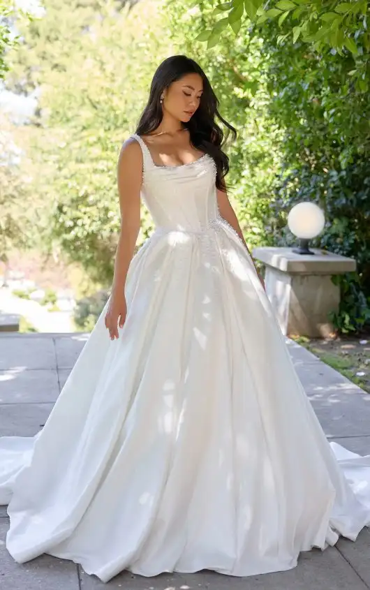 Mikado Ballgown with Draped Neckline and Cascading Pearl Detail, D4418, by Essense of Australia