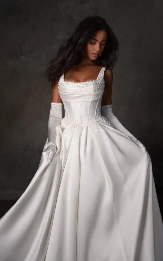 Mikado Ballgown with Draped Neckline and Cascading Pearl Detail, D4418, by Essense of Australia alternate image
