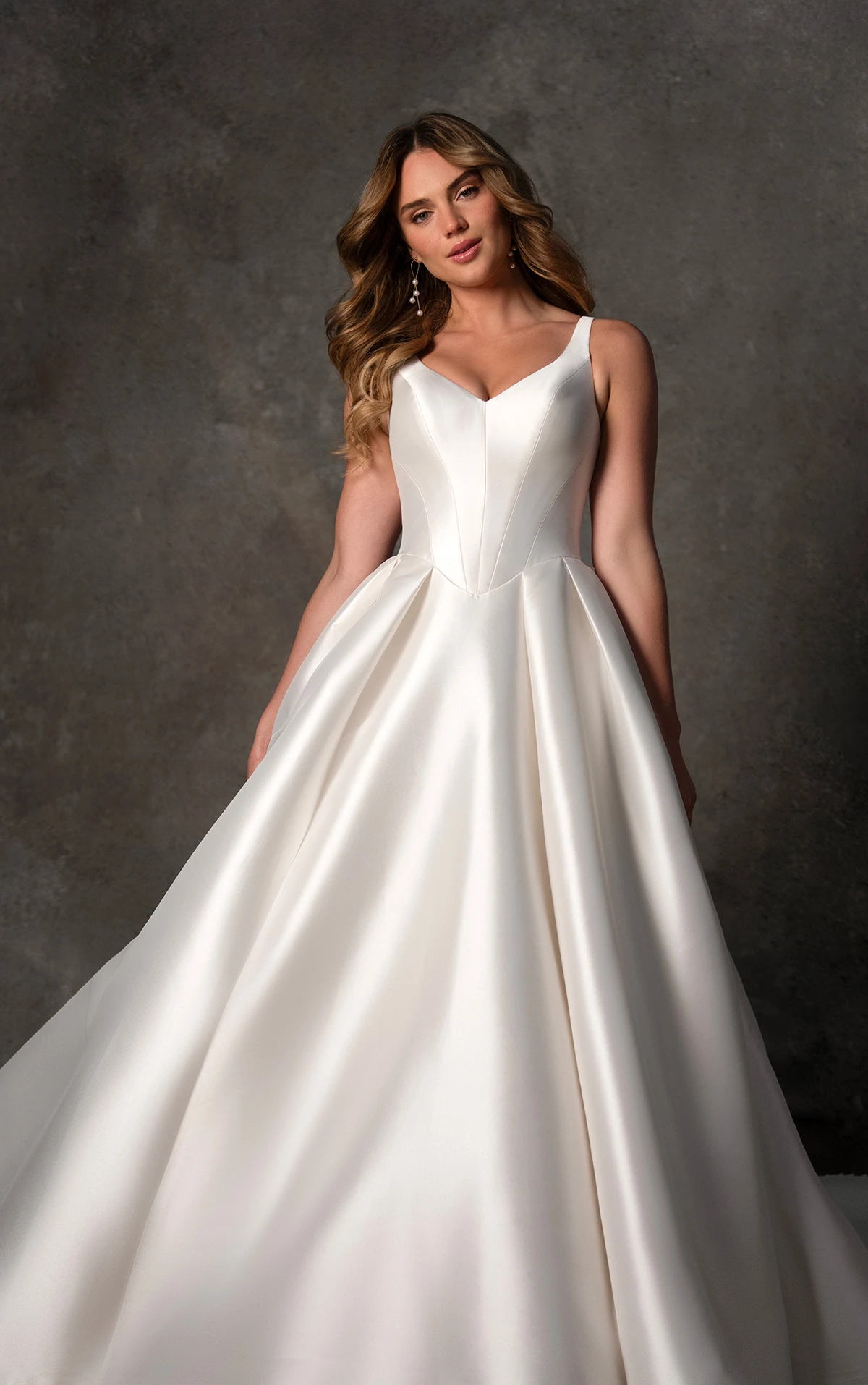 d4451 Clean Mikado Ballgown with V-Neckline and Pleated Skirt  by Essense of Australia