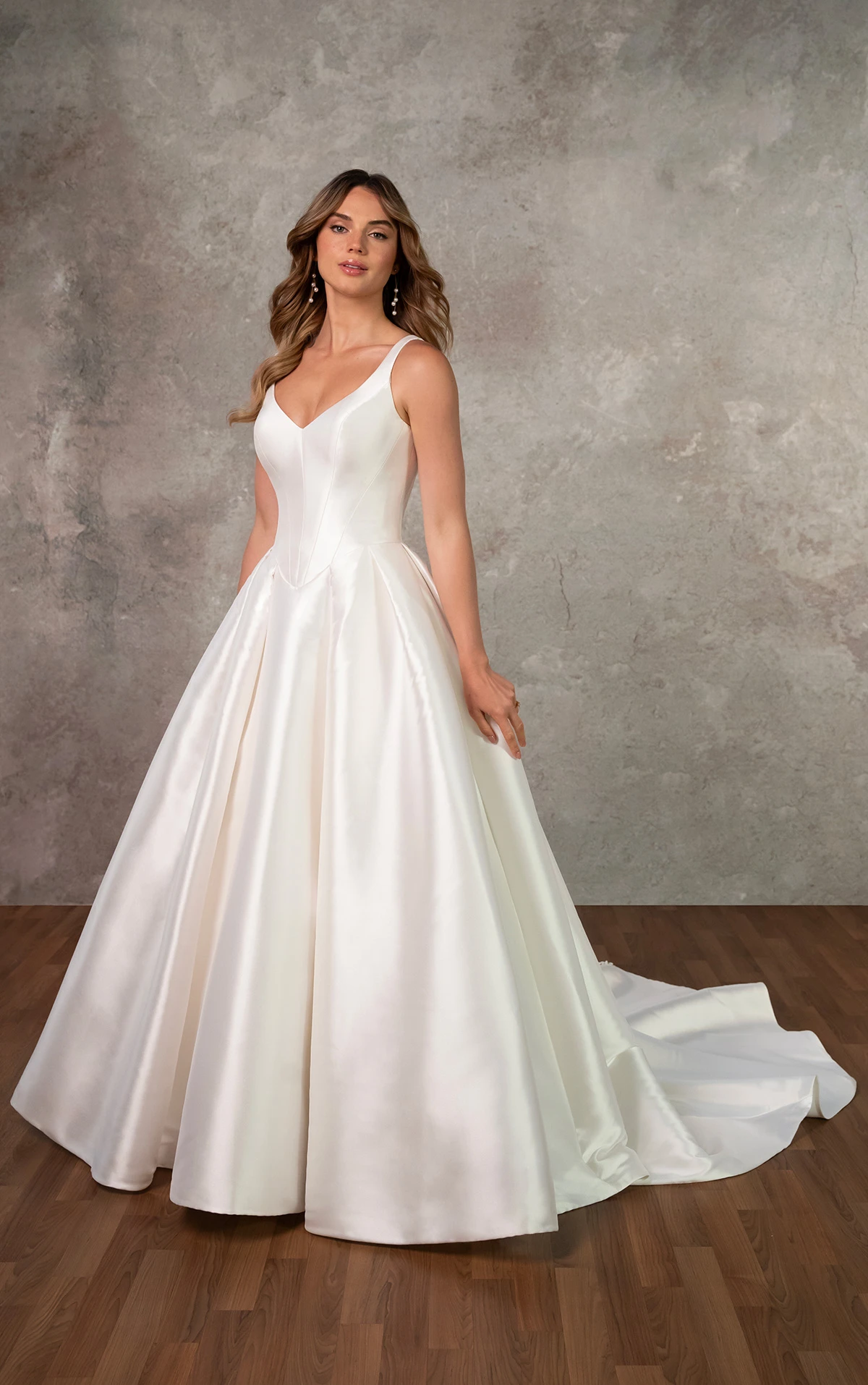 d4451 Clean Mikado Ballgown with V-Neckline and Pleated Skirt  by Essense of Australia