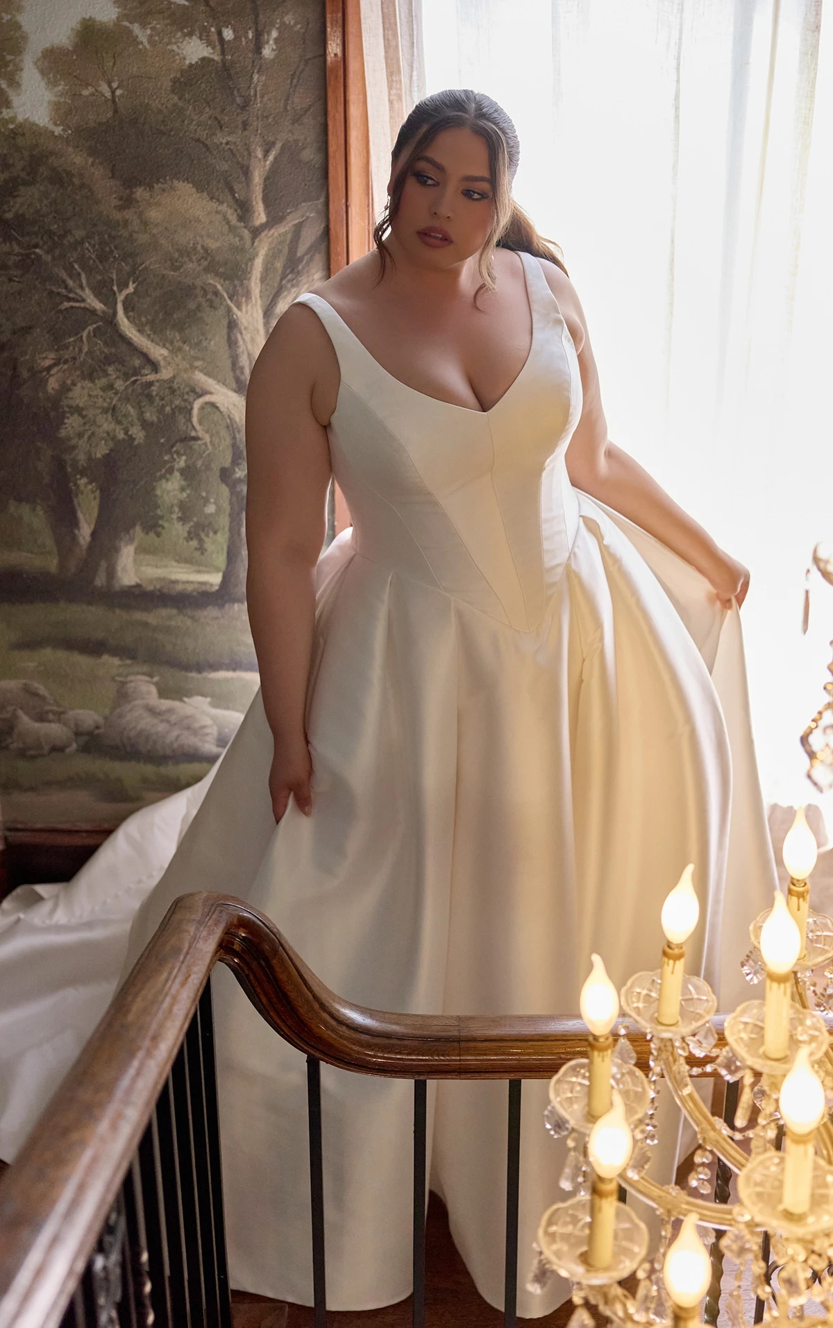 d4451 Clean Mikado Ballgown with V-Neckline and Pleated Skirt  by Essense of Australia