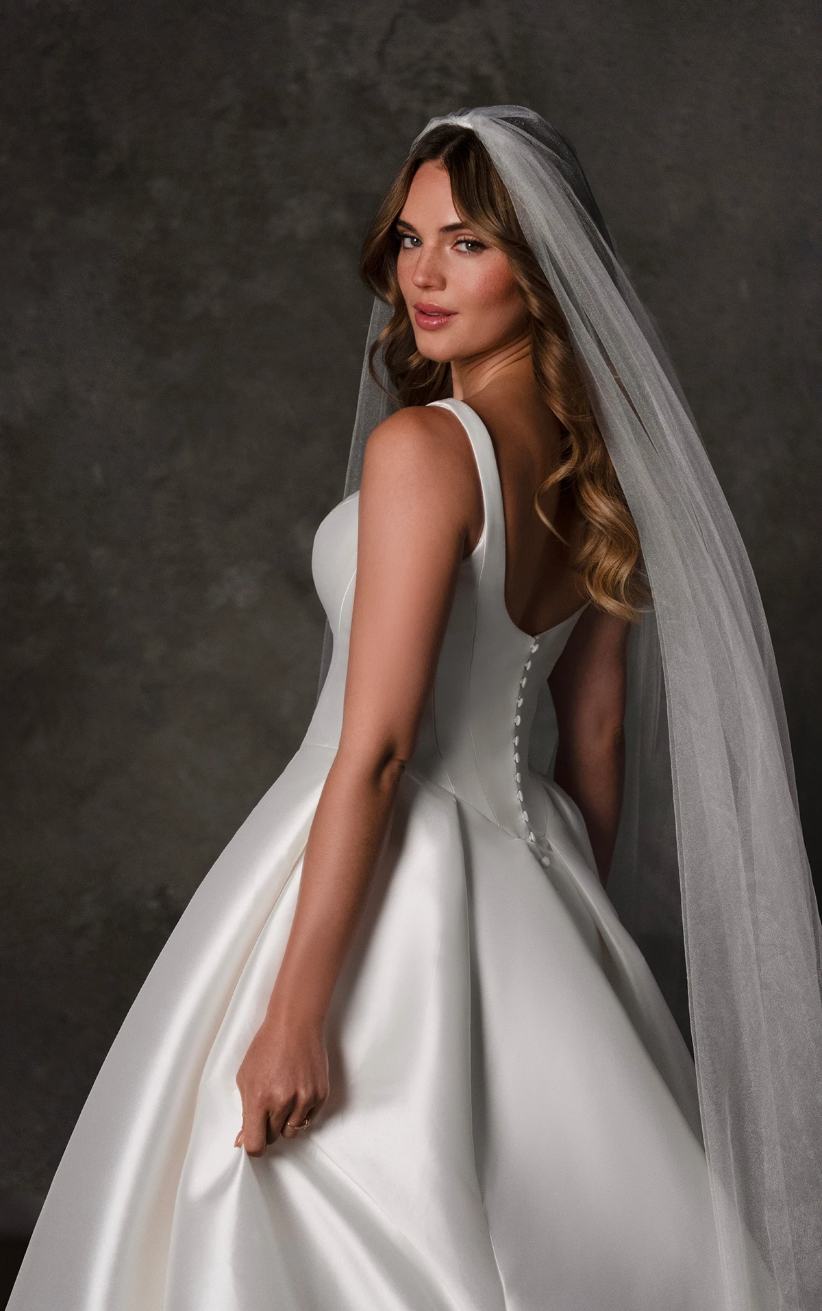 d4451 Clean Mikado Ballgown with V-Neckline and Pleated Skirt  by Essense of Australia
