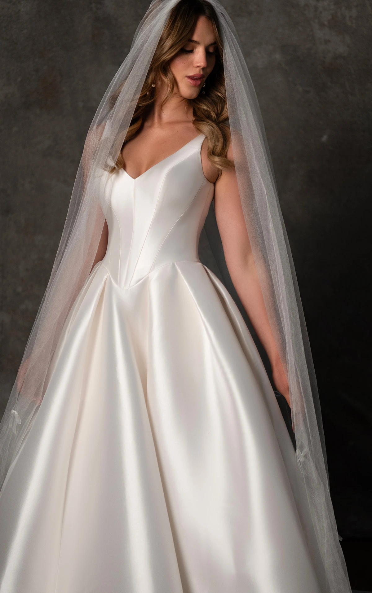 d4451 Clean Mikado Ballgown with V-Neckline and Pleated Skirt  by Essense of Australia