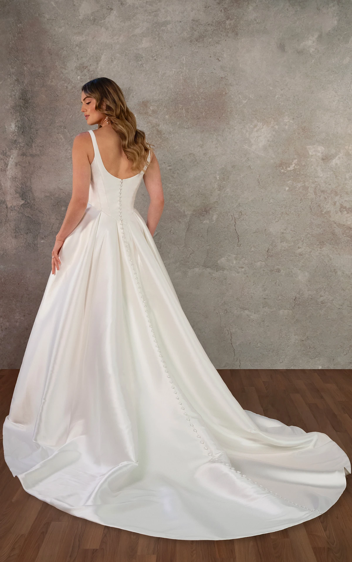 d4451 Clean Mikado Ballgown with V-Neckline and Pleated Skirt  by Essense of Australia