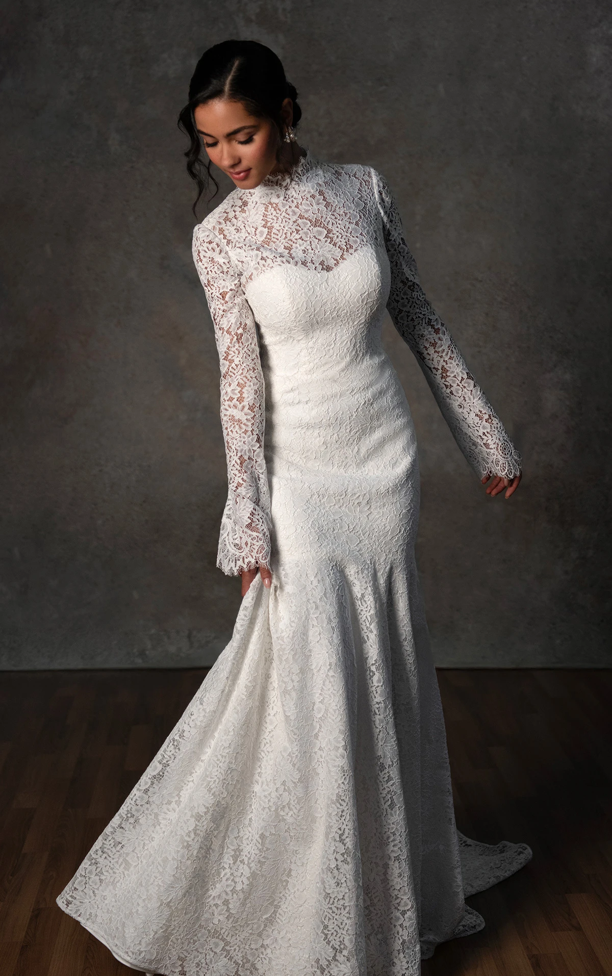 d4455 Sheer Long Sleeve Lace Fit-and-Flare Gown with High Neck  by Essense of Australia