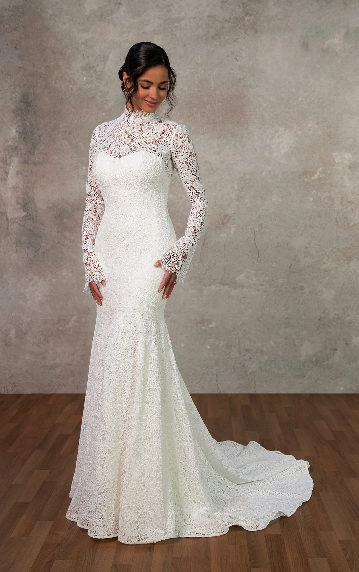 d4455 Sheer Long Sleeve Lace Fit-and-Flare Gown with High Neck  by Essense of Australia