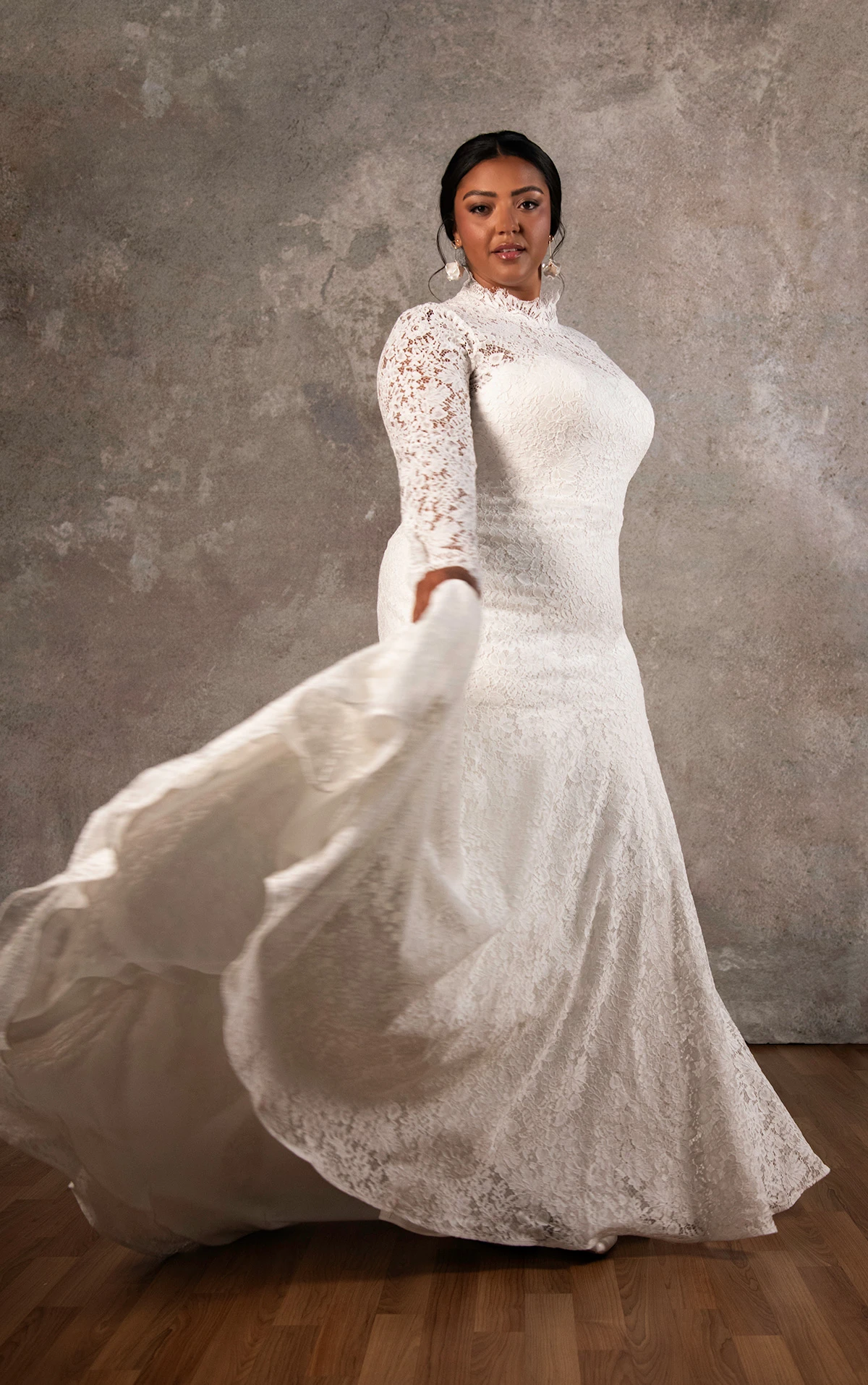 d4455 Sheer Long Sleeve Lace Fit-and-Flare Gown with High Neck  by Essense of Australia