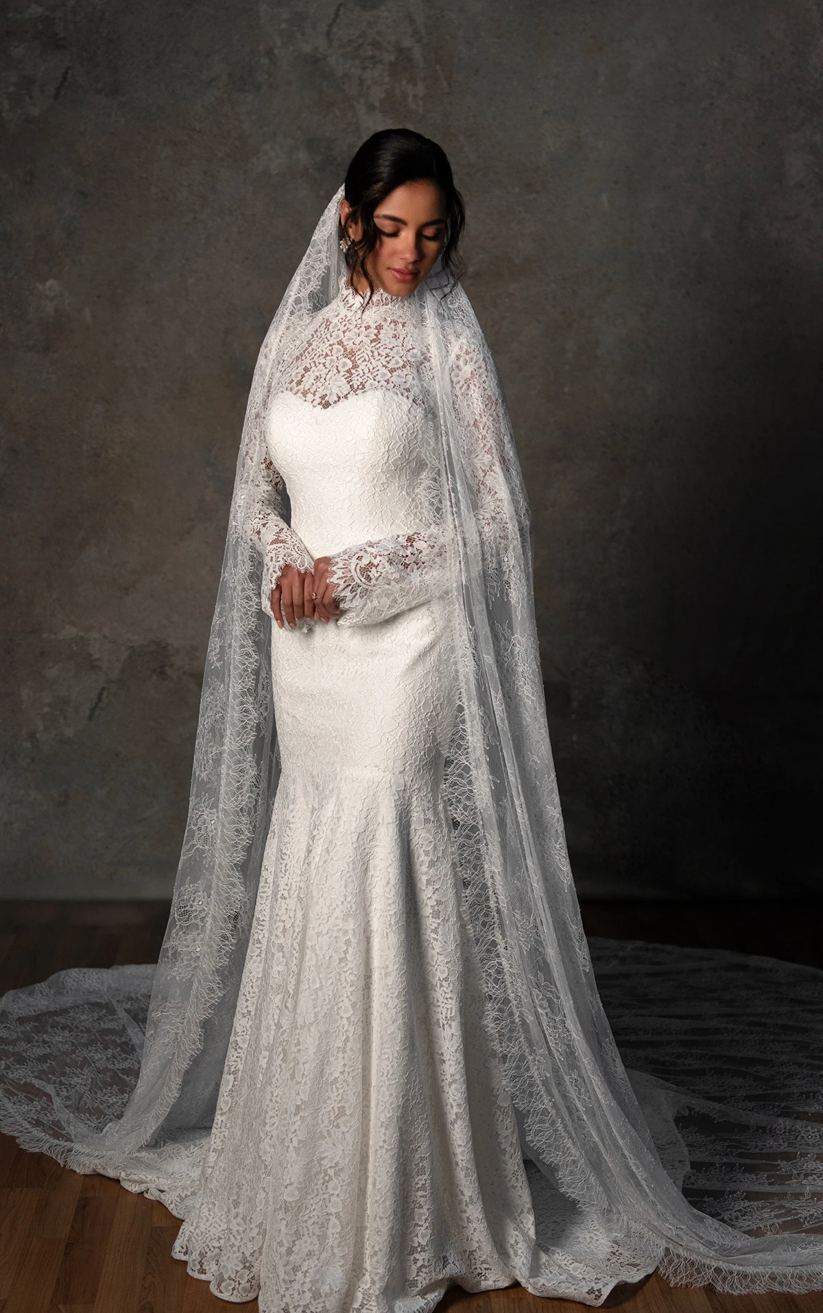 d4455 Sheer Long Sleeve Lace Fit-and-Flare Gown with High Neck  by Essense of Australia