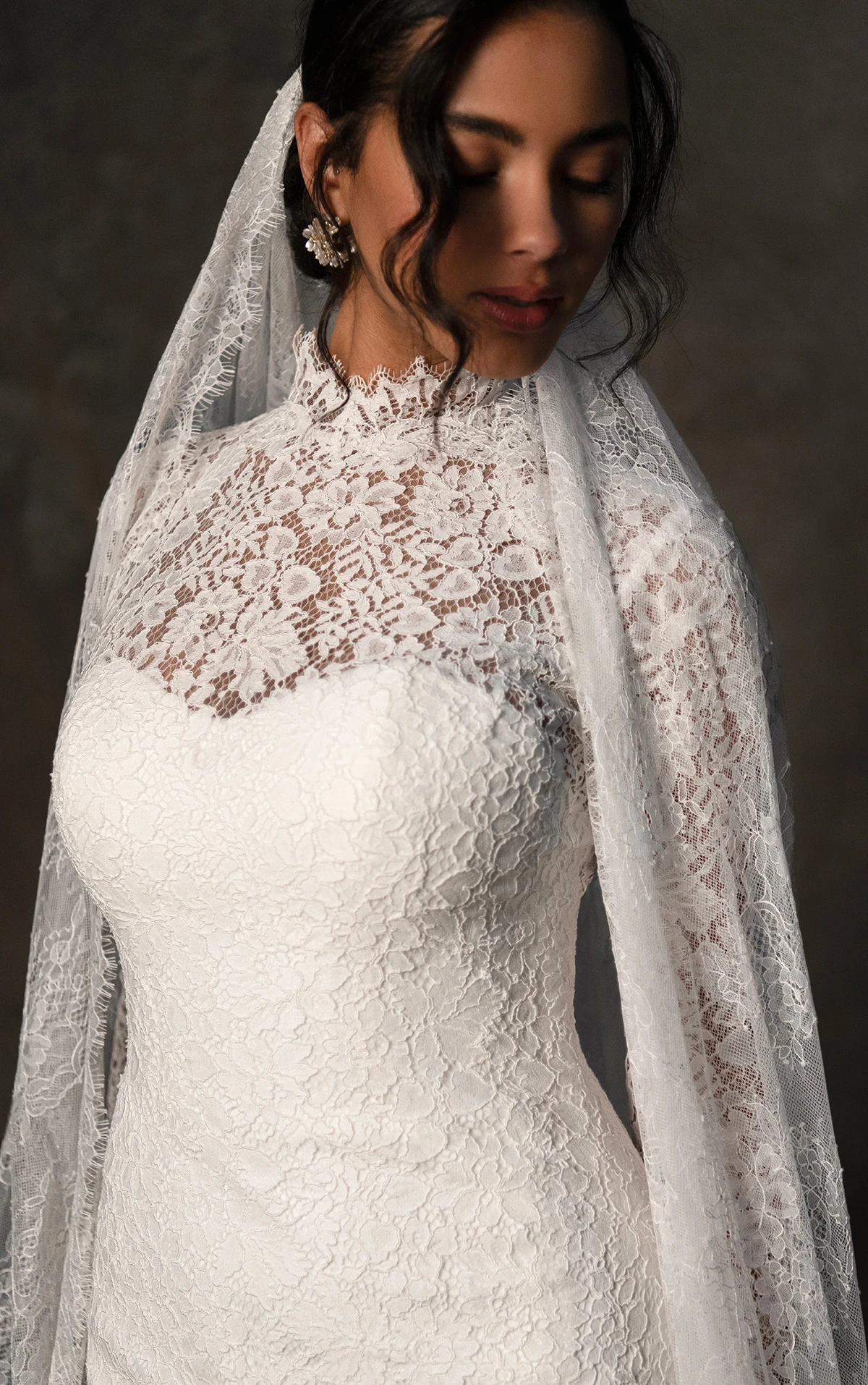 d4455 Sheer Long Sleeve Lace Fit-and-Flare Gown with High Neck  by Essense of Australia