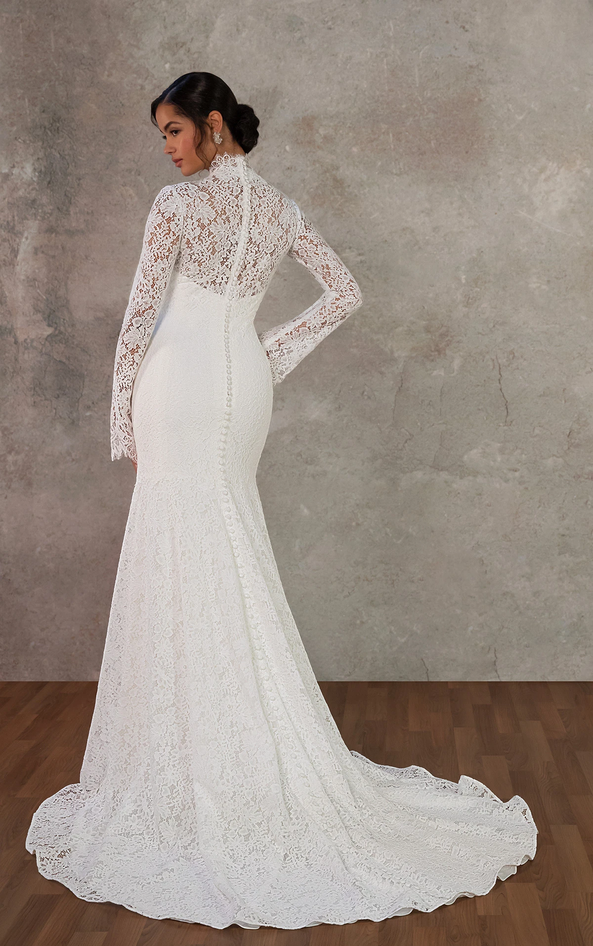 d4455 Sheer Long Sleeve Lace Fit-and-Flare Gown with High Neck  by Essense of Australia