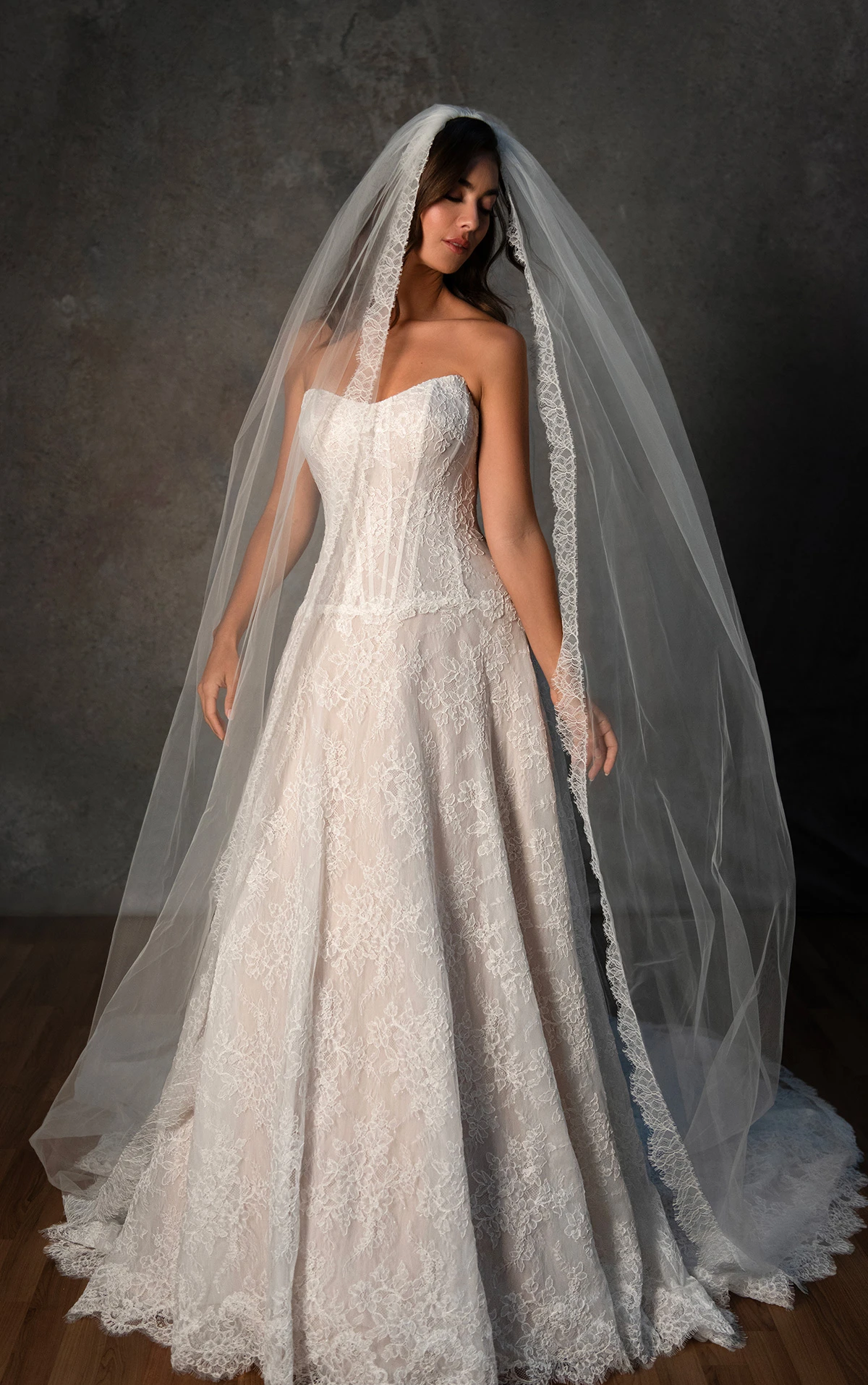 d4462 Trägerloses A-Linien-Brautkleid aus Chantilly-Spitze mit tiefer Taille und Korsett-Oberteil  by Essense of Australia