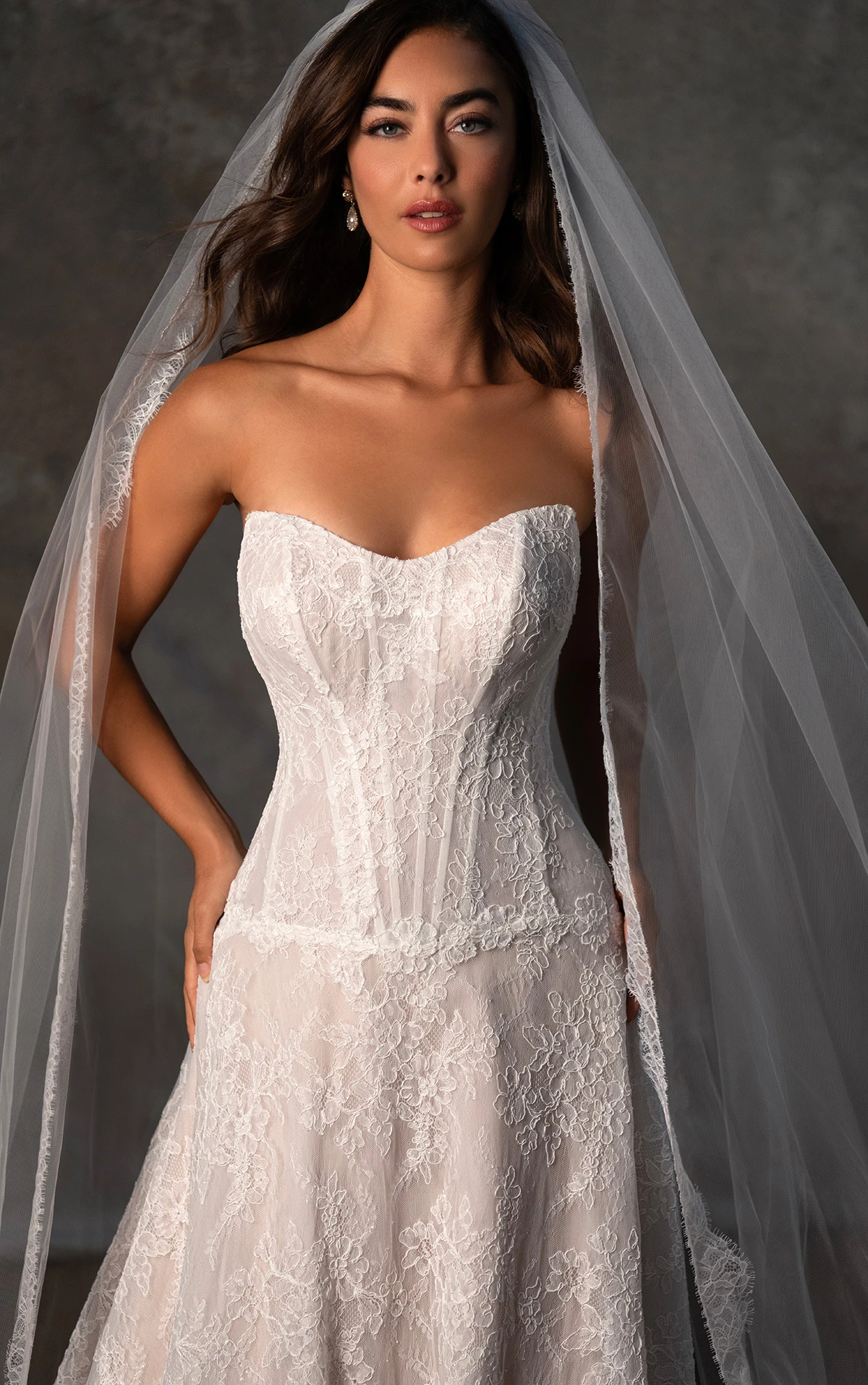 d4462 Trägerloses A-Linien-Brautkleid aus Chantilly-Spitze mit tiefer Taille und Korsett-Oberteil  by Essense of Australia