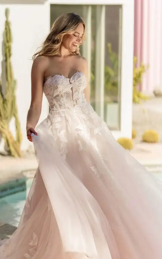 Strapless A-Line Wedding Dress with Plunging Neckline and 3D Floral Lace, SY8166, by Stella York
