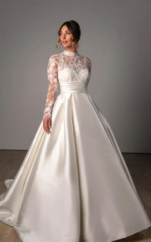 Schlichtes A-Linien-Brautkleid mit langen Ärmeln und hohem Ausschnitt, SY8230, by Stella York