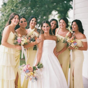 The bride in a simple, strapless white A-line gown poses with six bridesmaids who are all wearing mismatched pastel yellow dresses with colorful, bright summer bouquets.